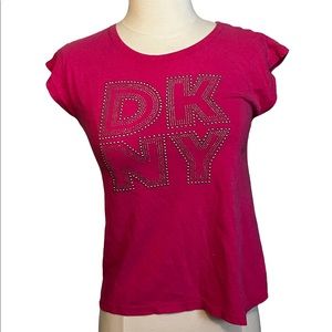DKNY Womens Top Pink Short Sleeve Tee Shirt Size L(12) Studded Logo Cap Sleeve